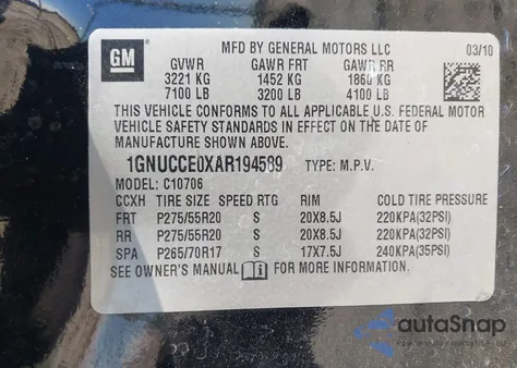 2010 Chevrolet Tahoe Ltz z USA, uszkodzony, nr VIN 1GNUCCE0XAR194589